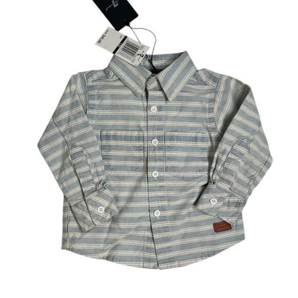 NWT 7 For All Mankind Boys Blue White Stripe Button Down Long Sleeve Shirt - 12M - Picture 1 of 8